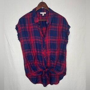 Como Vintage Button Up Plaid Ruffle Front Tie Top Sz M